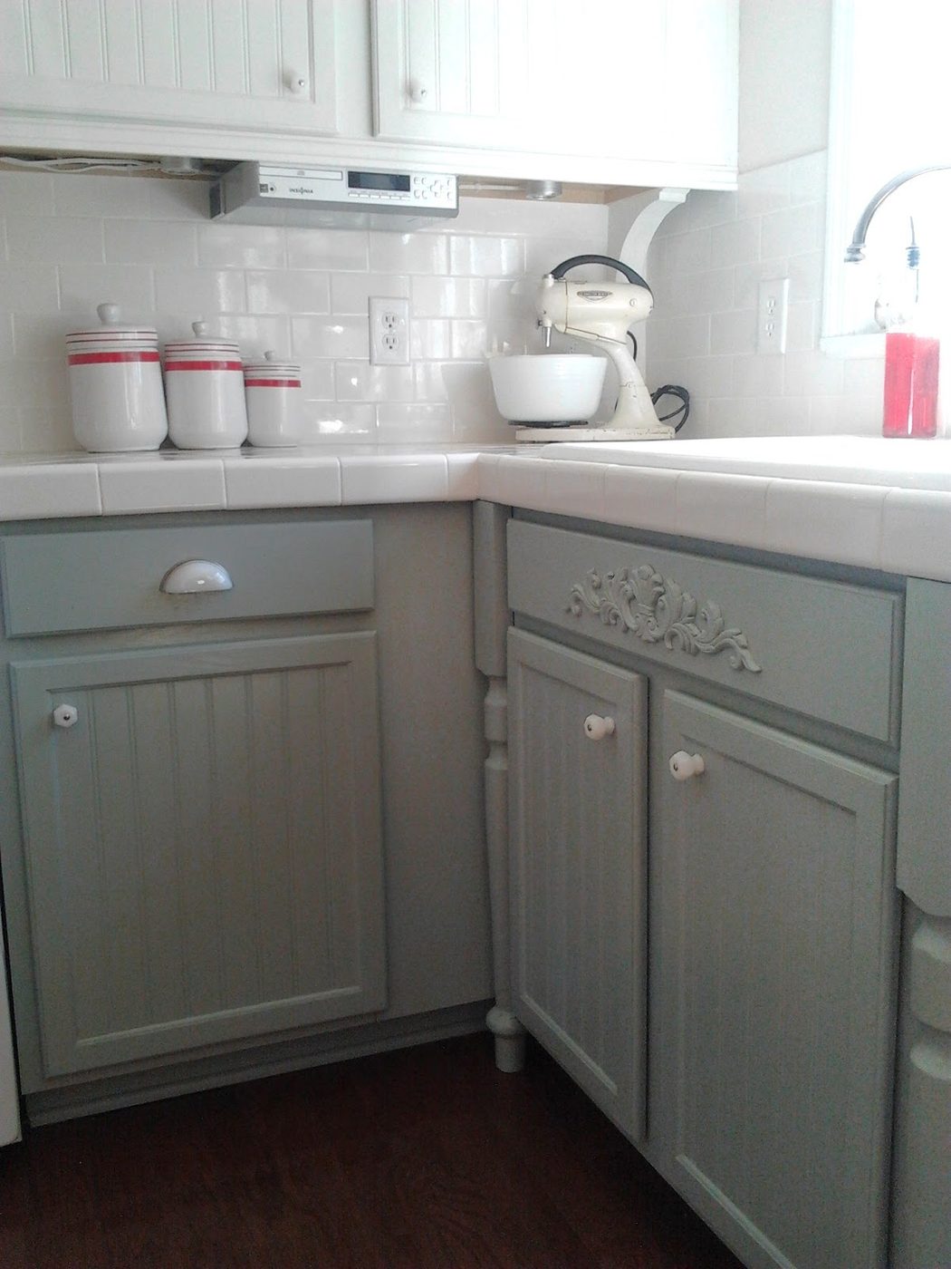 gray and white painted oak cabinets, Mom and Her Drill featured on Bekob