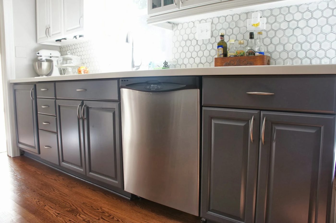 lower cabinets painted gray, LoveLee Homemaker featured on Bekob