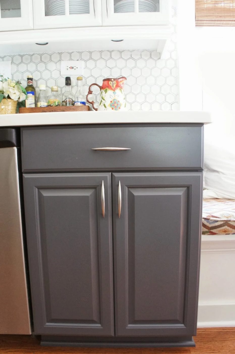 two-tone gray and white painted kitchen cabinets, LoveLee Homemaker featured on Bekob