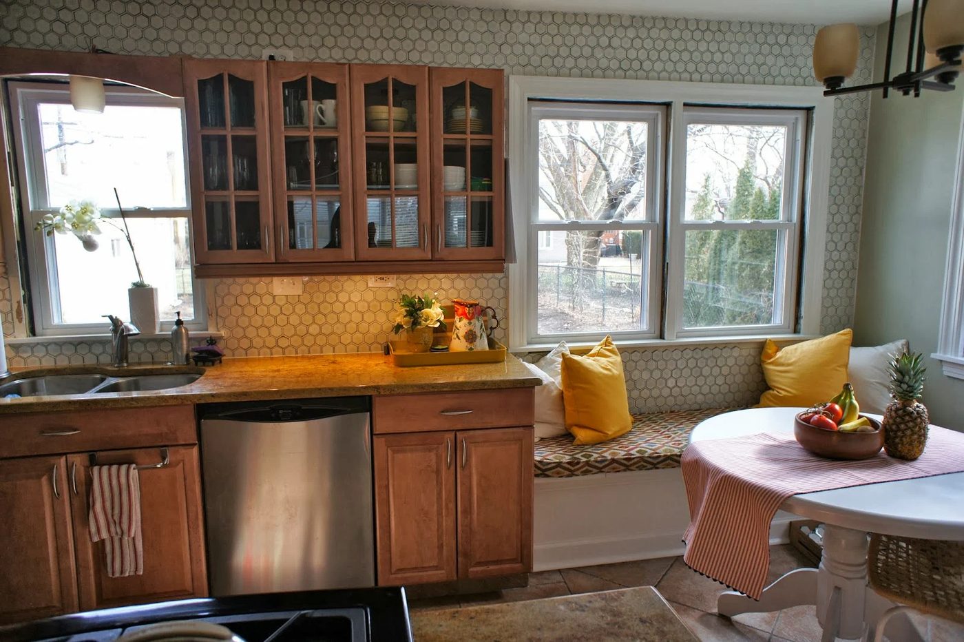 oak cabinets before the gray and white kitchen makeover, LoveLee Homemaker featured on Bekob