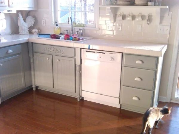 Silver Mink Light Gray Painted Cabinetry In A Grey And White Kitchen Makeover, Mom And Her Drill Featured On Bekob