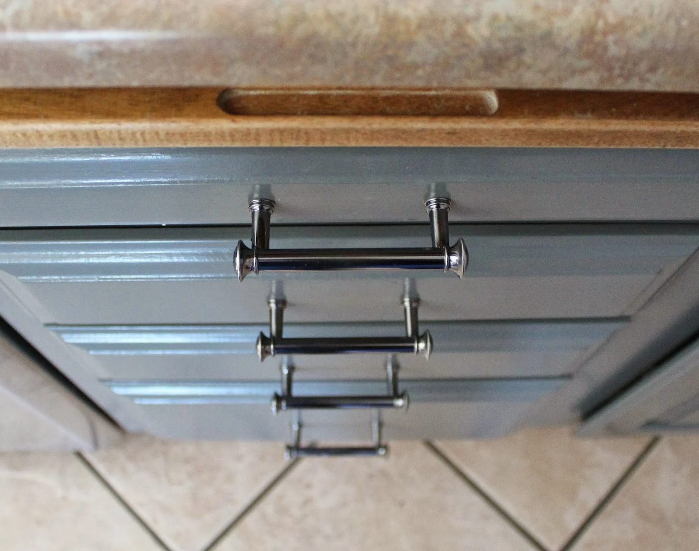 grey and white kitchen cabinets with polished pewter hardware, House For Five featured on Bekob