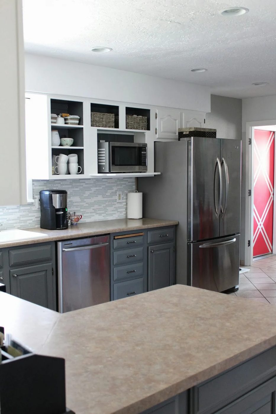 open cabinets in grey and white kitchen, House For Five featured on Bekob