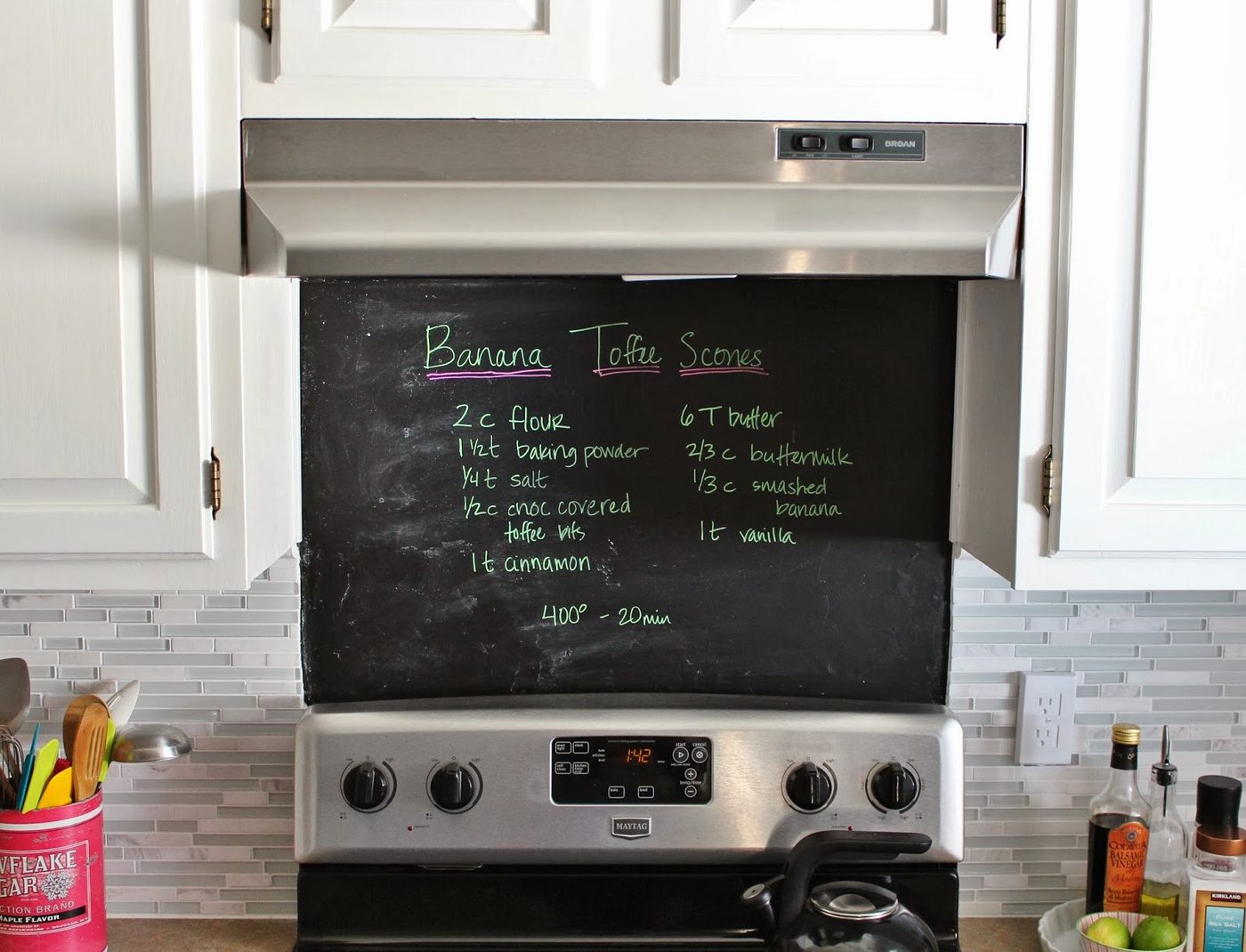 painted chalkboard over the stove instead of backsplash, House For Five featured on Bekob