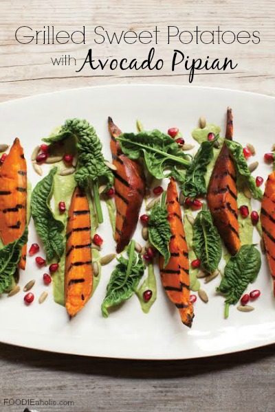 Grilled Sweet Potatoes with Avocado Pipian | FOODIEaholic.com #recipe #cooking #grilling #sweetpotato #avocado #pipian #appetizer #side #vegetables