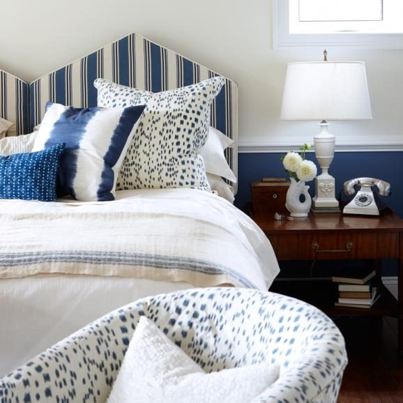 double peaked headboard in stripes via Sarah Richardson Design