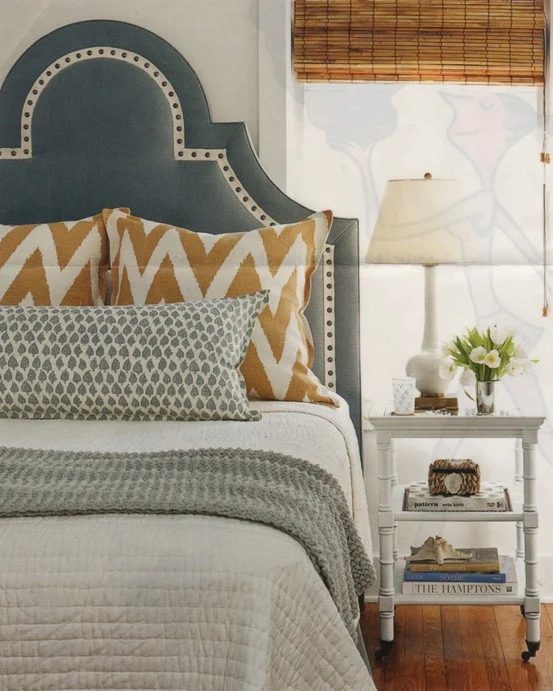 gray with contrast white nailhead trim keystone headboard via DecorPad