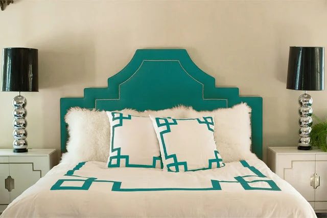 stepped scooped keystone headboard in turquoise, via Sadie and Stella