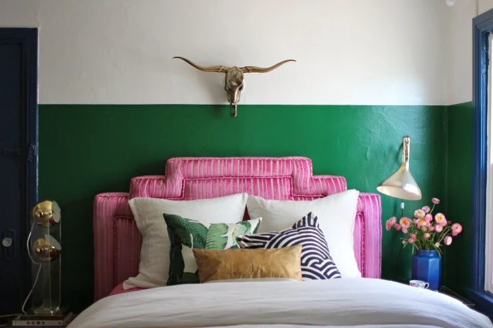 pink corduroy stepped headboard, Emily Henderson