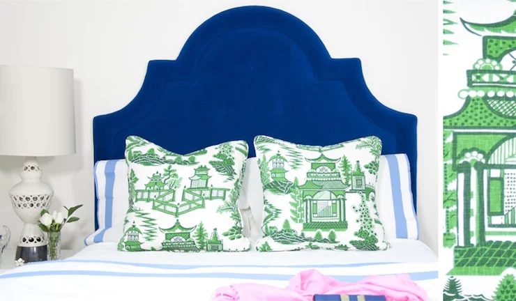 royal blue velvet inset keystone headboard via DecorPad