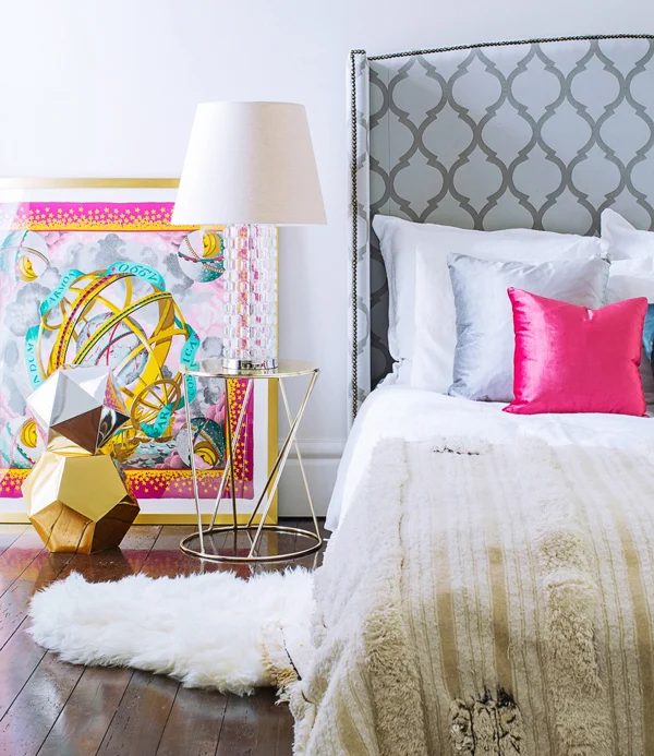 arched patterned wingback headboard with nailhead trim via DecorPad