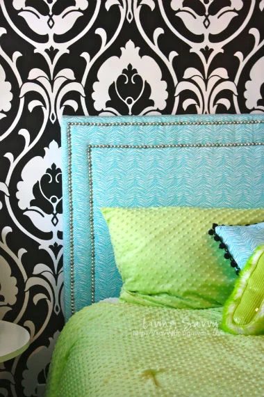 aqua flat rectangle headboard with double row of nailhead trim, Savvy Design West
