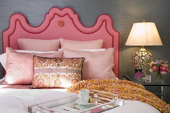 triple arch crown keystone headboard in pink with red trim, Victoria Sanchez via Aesthetic Oiseau