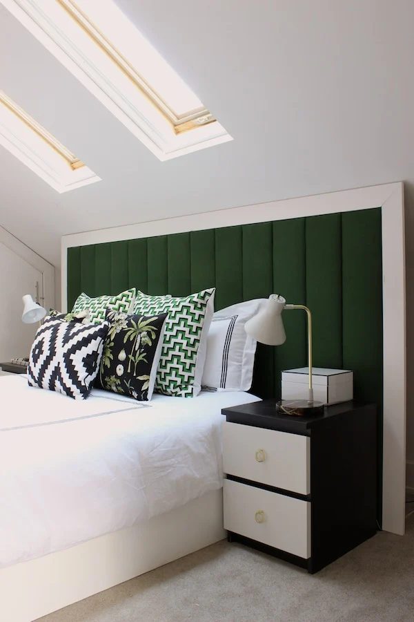 extra wide flat rectangle quilted upholstered headboard in green, Fabric Paper Glue