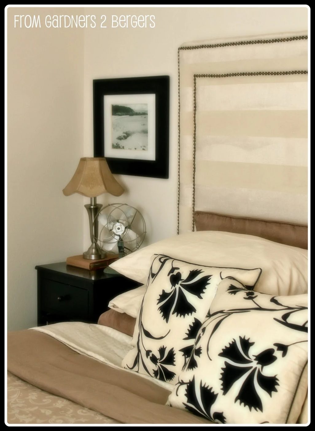 striped square headboard with double nailhead trim via Bekob