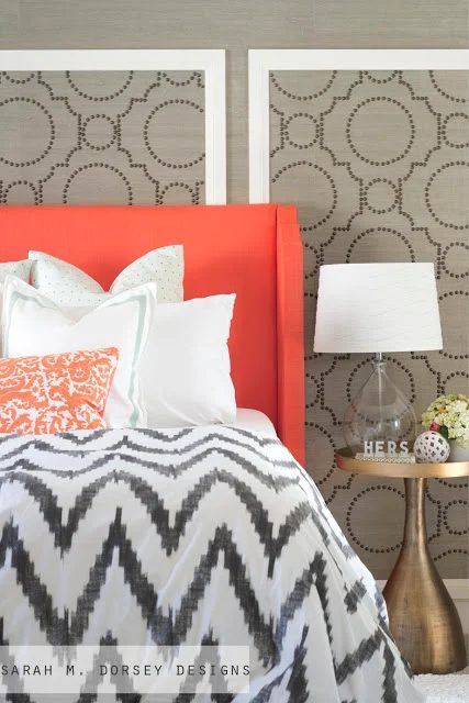 coral upholstered headboard with curved arms, walkthrough via Sarah M Dorsey Designs