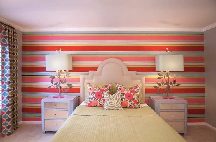 neutral stepped keystone headboard with vibrant accent wall via DecorPad
