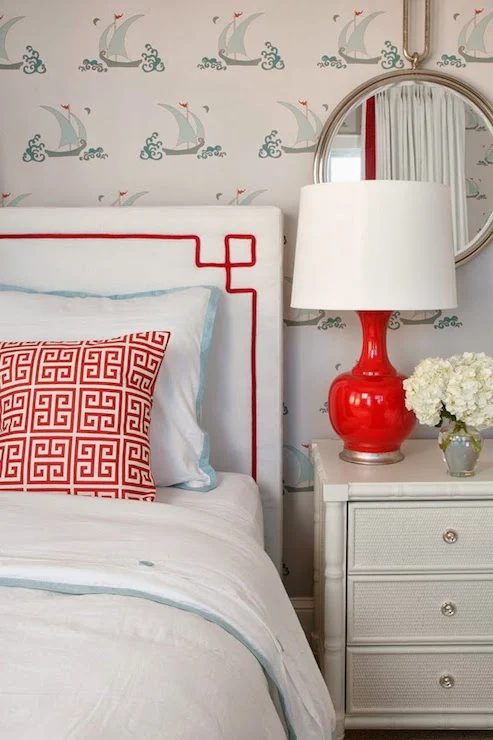 white rectangle headboard with red contrast trim via DecorPad