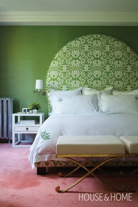 green ikat pattern circle upholstered headboard via House and Home