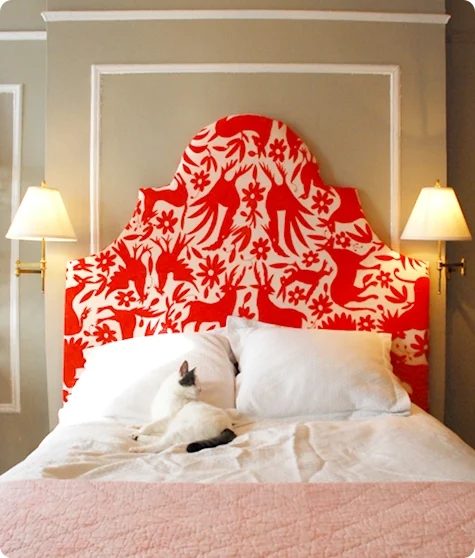 red otomi fabric stepped keystone headboard via Design Sponge