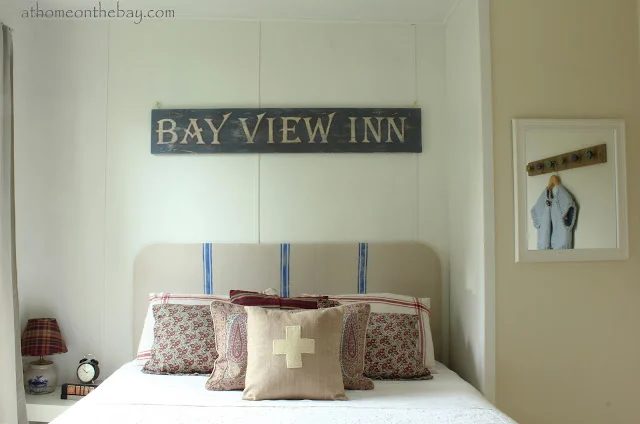 french linen striped rounded square headboard via Bekob