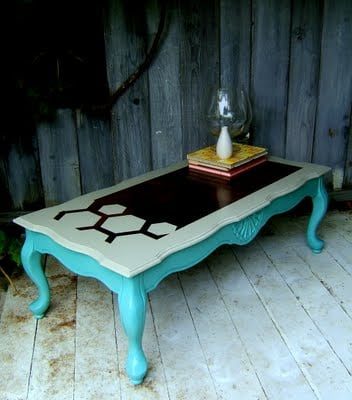 restored and hexagon stenciled French provincial table, Nine Red