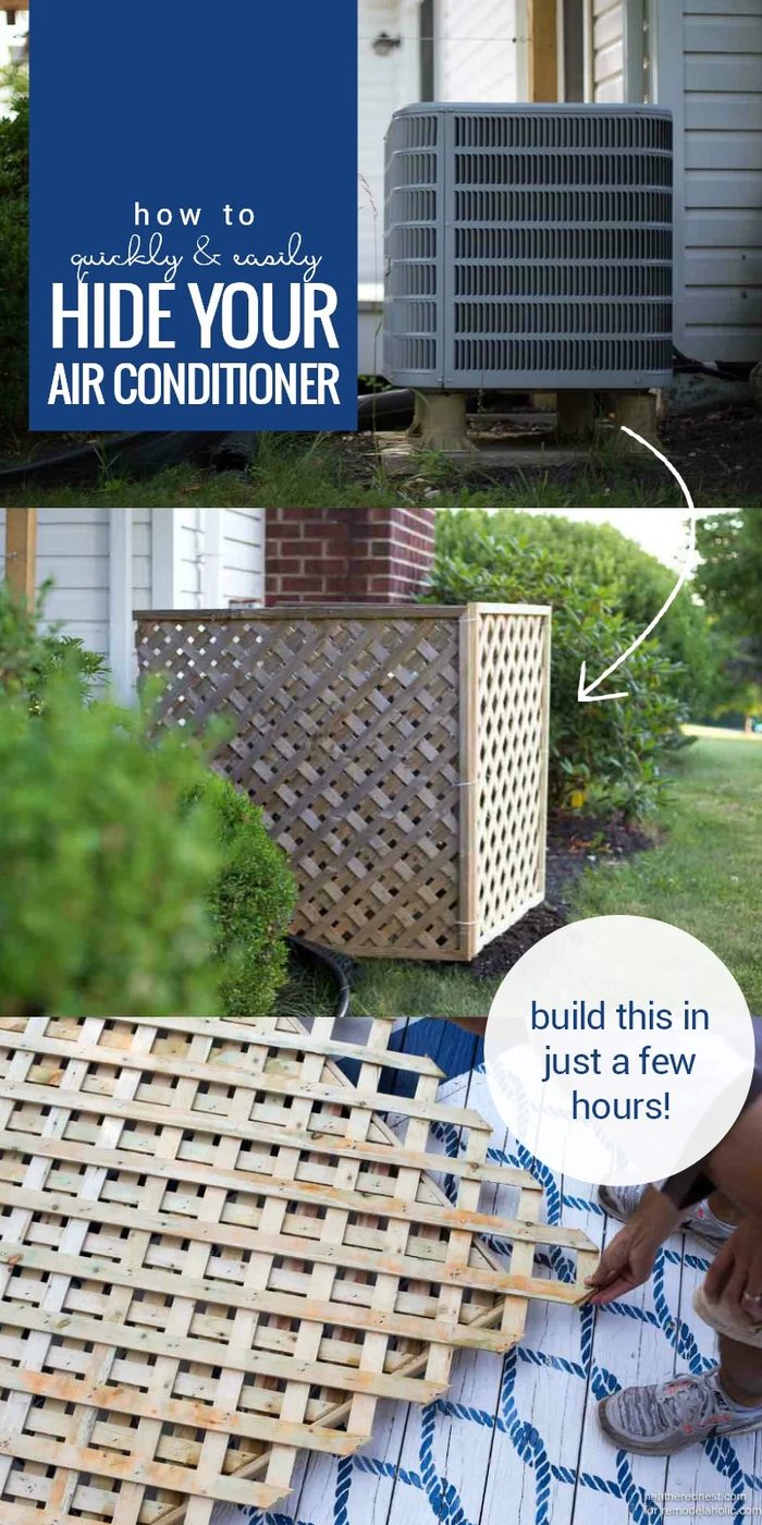Hide your AC unit with this quick and straightforward Handmade air conditioner screen built from lattice. It's non-permanent and straightforward to move for access, a great solutio
