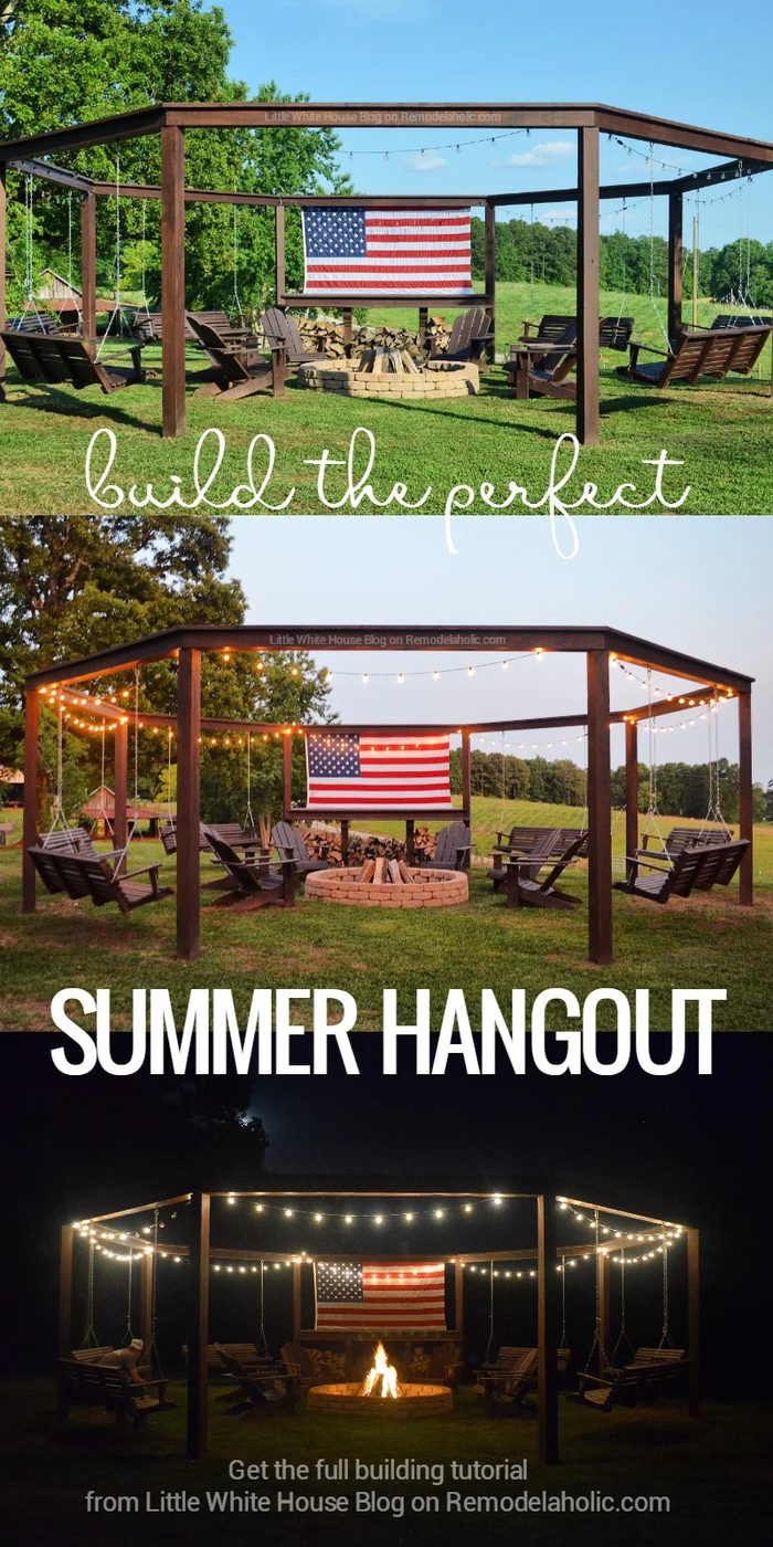How to build a swingset pergola around a firepit, Little White House Blog on @Bekob 2