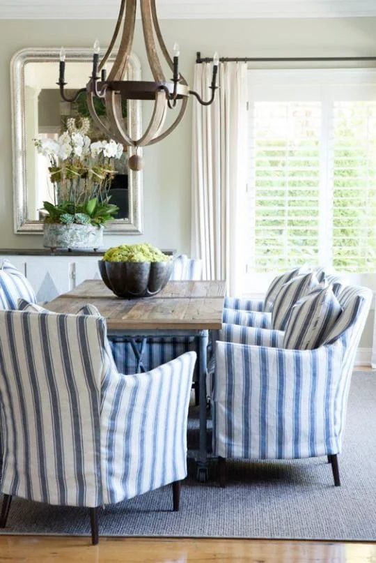 farmhouse dining room with striped chairs and industrial table via My Decor Chic