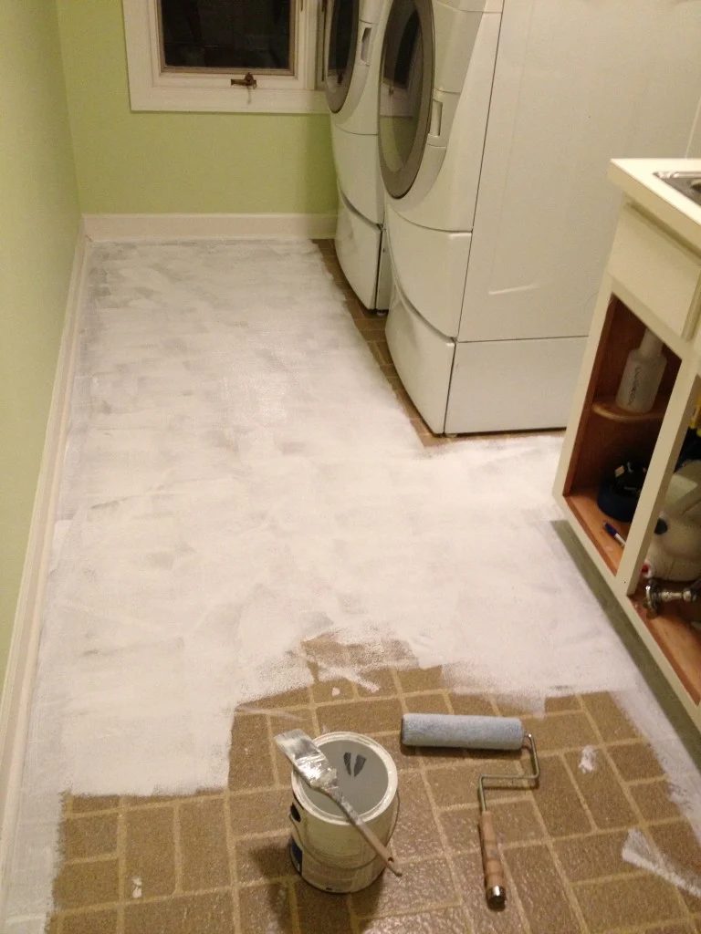 low cost laundry room makeover with painted linoleum floor, featured on Bekob