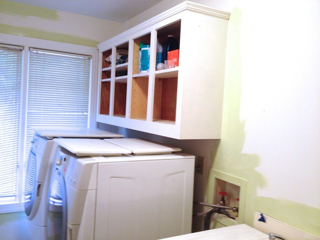 low cost laundry room makeover in soothing aloe green, featured on Bekob