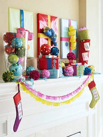 gift wrapped photo frames and mantel - BHG via @Bekob