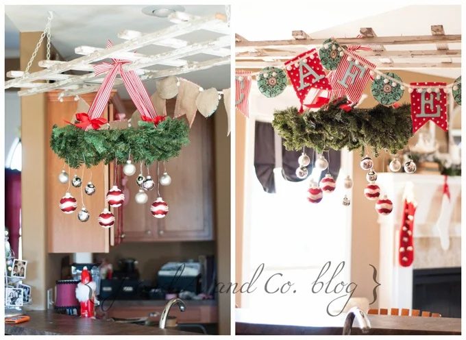 hang wreath banner and ornaments from pot rack in kitchen - J and A and Co via @Bekob