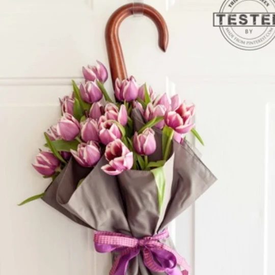 Spring Door Decor, Image Of Umbrella With Filled With Purple Flowers Hanging On Doors