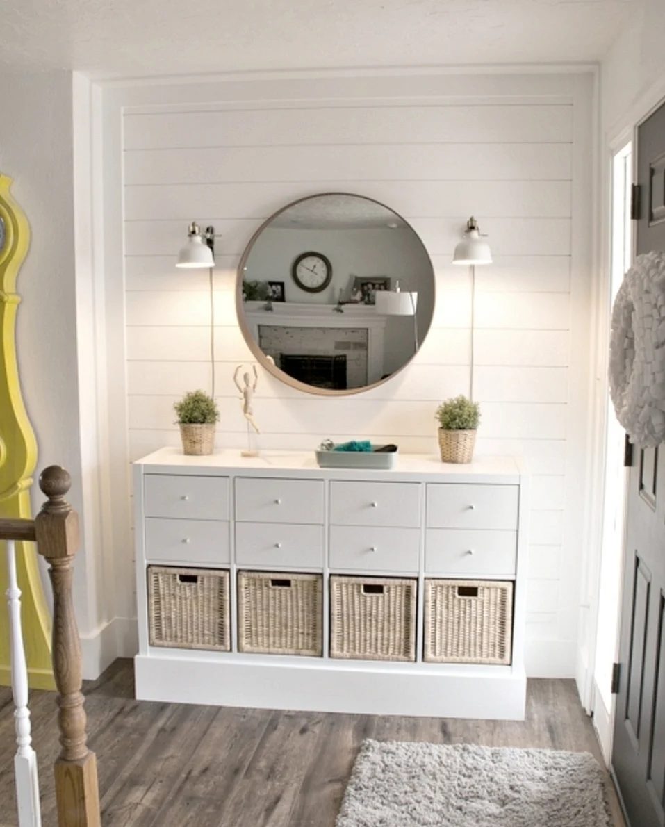 Bekob Instagram Home Entryway With White Shiplap Walls, Circle Mirror, Dresser With Wicker Baskets