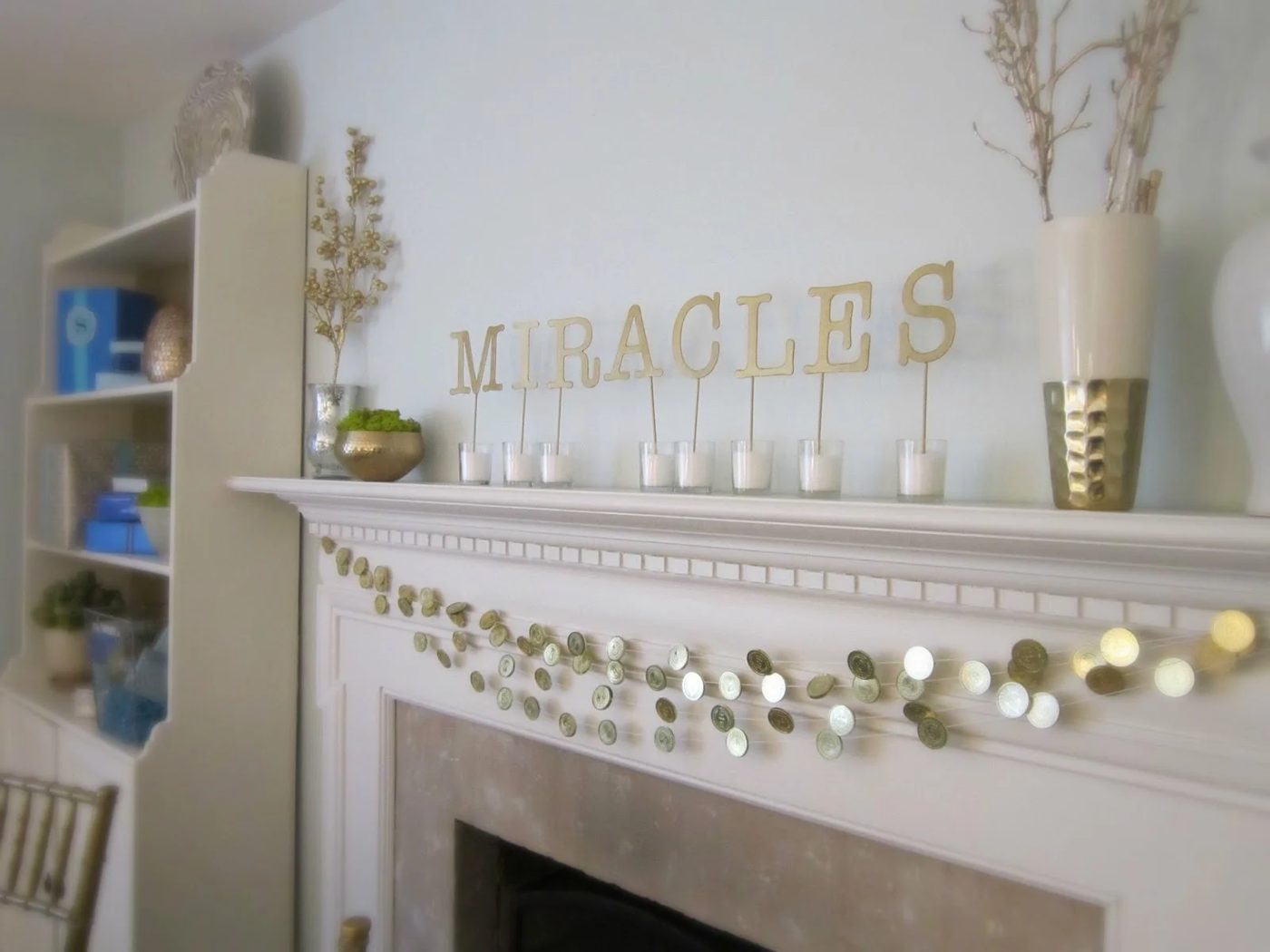Holiday mantel options, Hannukah coins gold gelt by Design Megillah