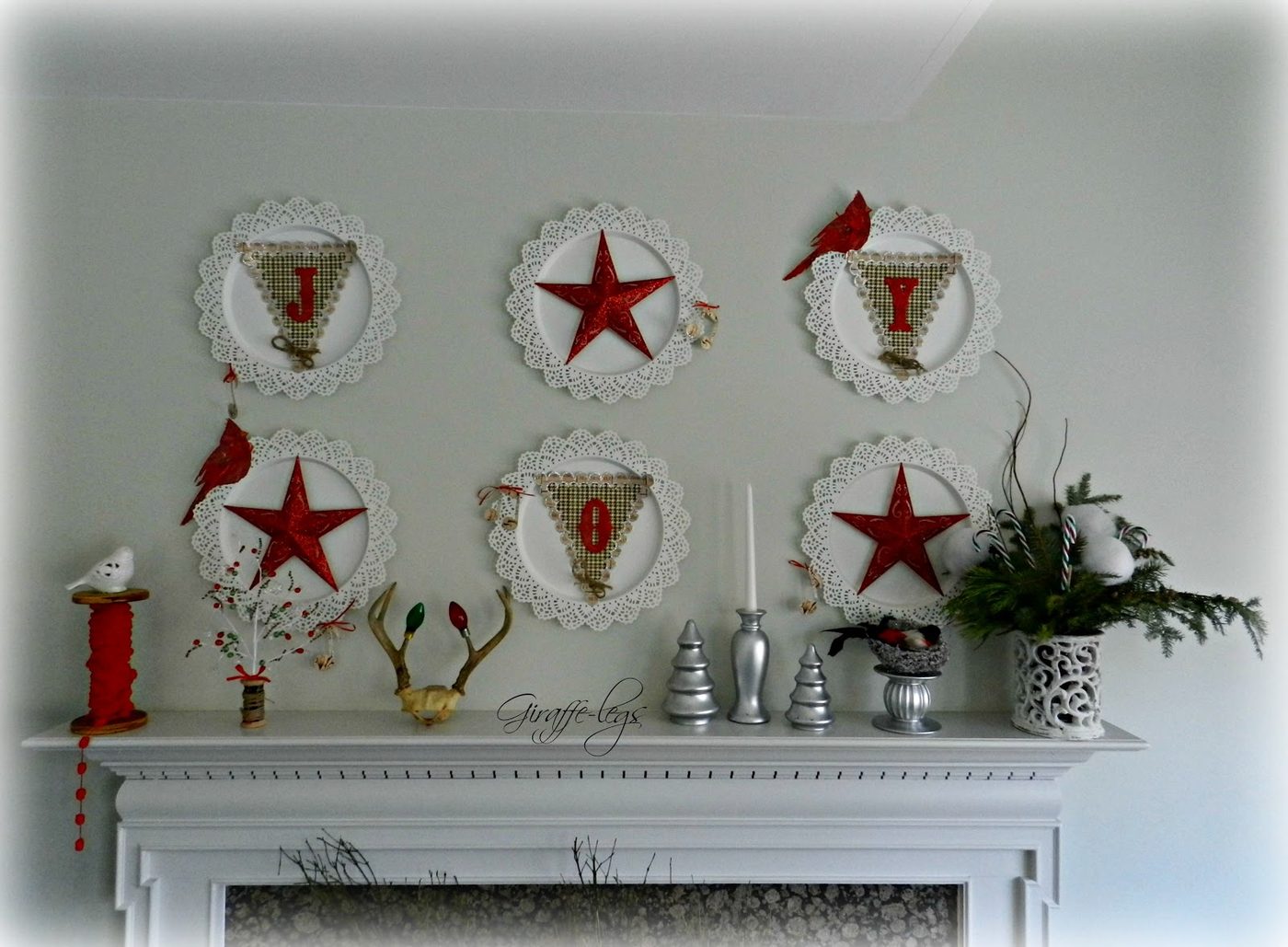 red and white mantel, holiday or Christmas Mantel by Giraffe Legs