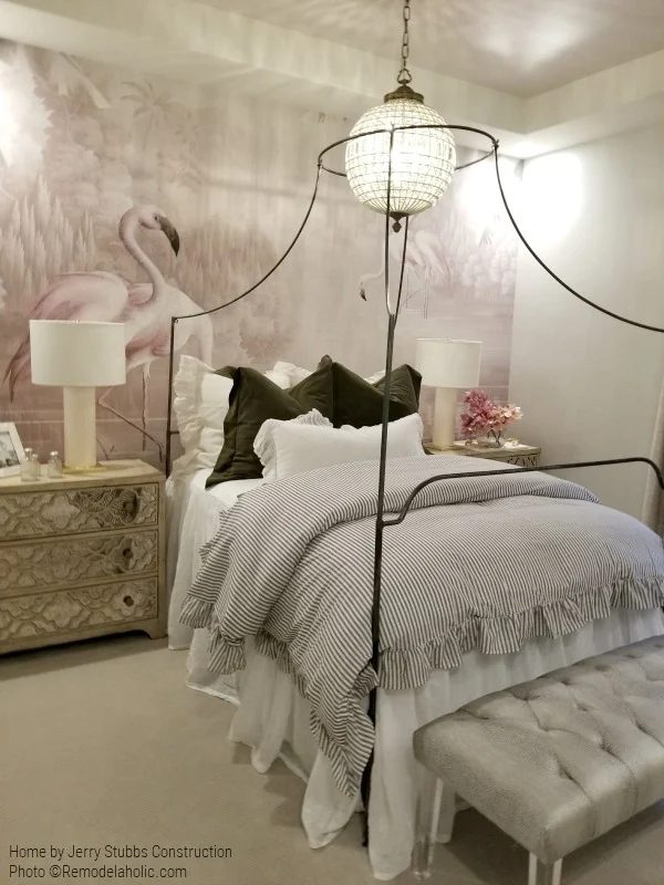 Bedroom With Flamingo Wall Mural, Pinstripe Bedding, And Mirrored Dresser, Jerry Stubbs Construction And Tique & Company, 2018 Utah Valley Parade Of Homes On Bekob