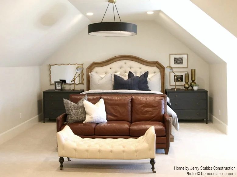 Guest Bedroom With Sitting Area In Long Loft Style Room, Jerry Stubbs Construction And Tique And Company, 2018 Utah Valley Parade Of Homes Featured On Bekob