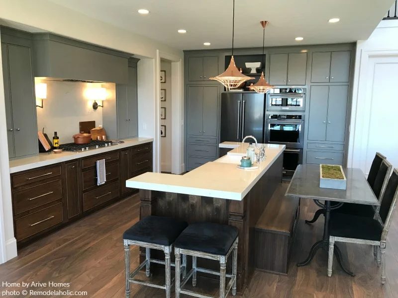 Rustic Modern Kitchen With Mixed Color Cabinets And White Countertops, Arive Homes, Brandalyn Dennis, 2018 Utah Valley Parade Of Homes, Featured On Bekob