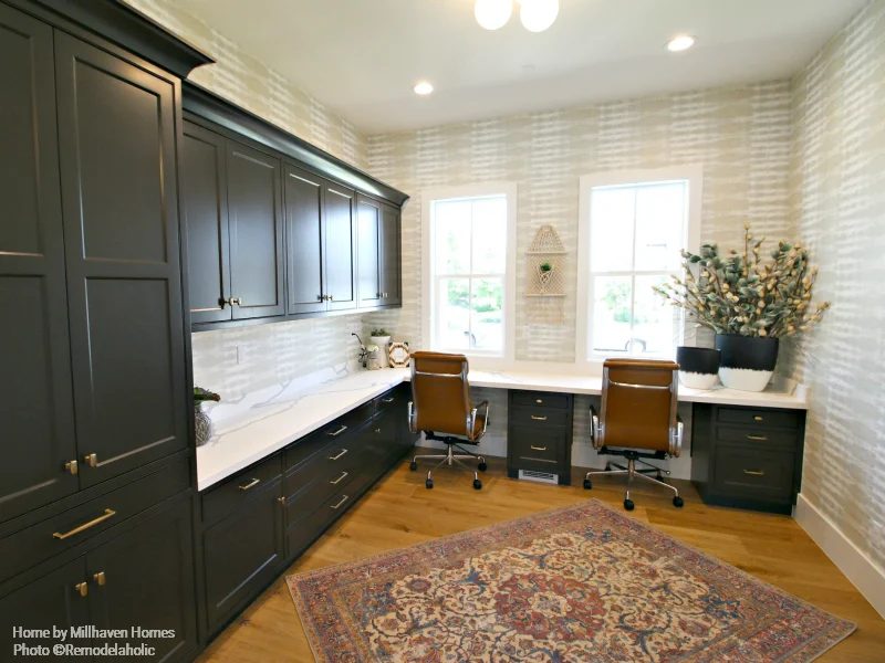 Farmhouse Style Home Office With Black Cabinetry And Patterned Wallpaper Millhaven Homes And Four Chairs Design 2018 Utah Valley Parade Of Homes Featured On Bekob