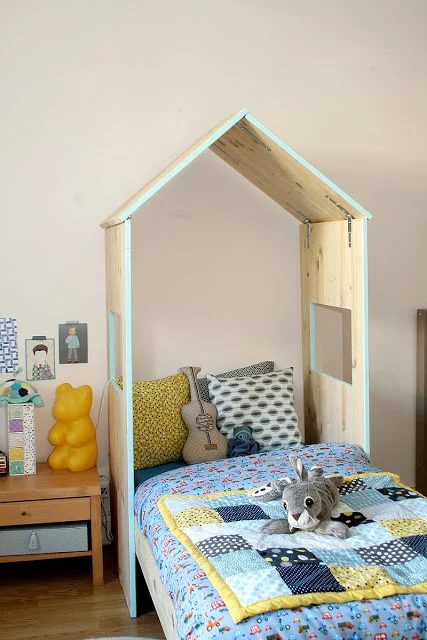 straightforward kids wood with colored edge house-shaped headboard The Blue School