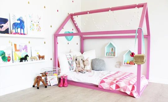 pink girls house bed frame floor bed via This Little Love