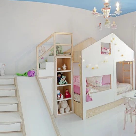bunkbed playhouse with slide and storage steps via Bebe Com Estilo