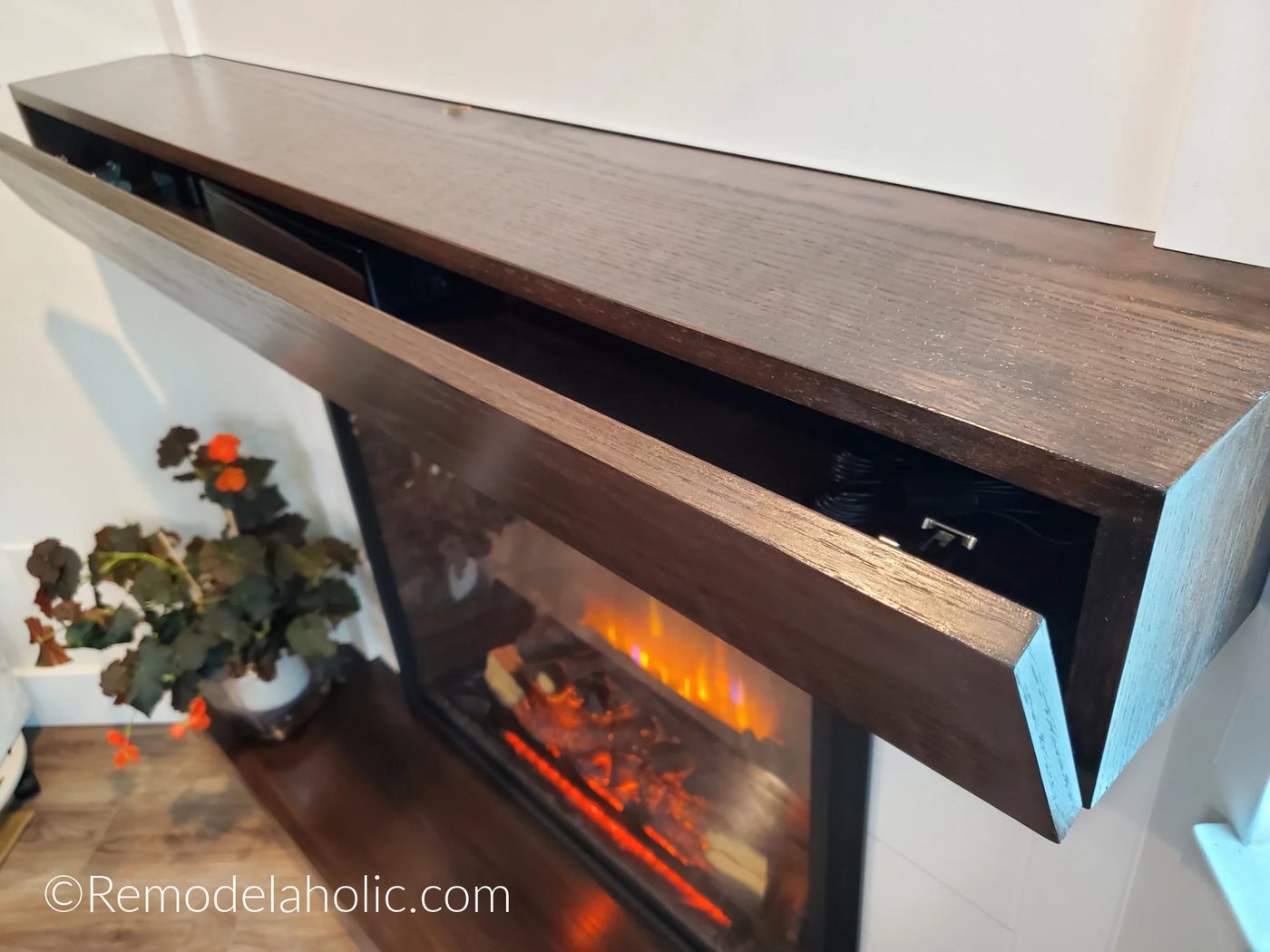 Handmade Corner Fireplace Mantel Hidden Storage For DVD Player And Cable Box With Matching Wood Hearth, Bekob