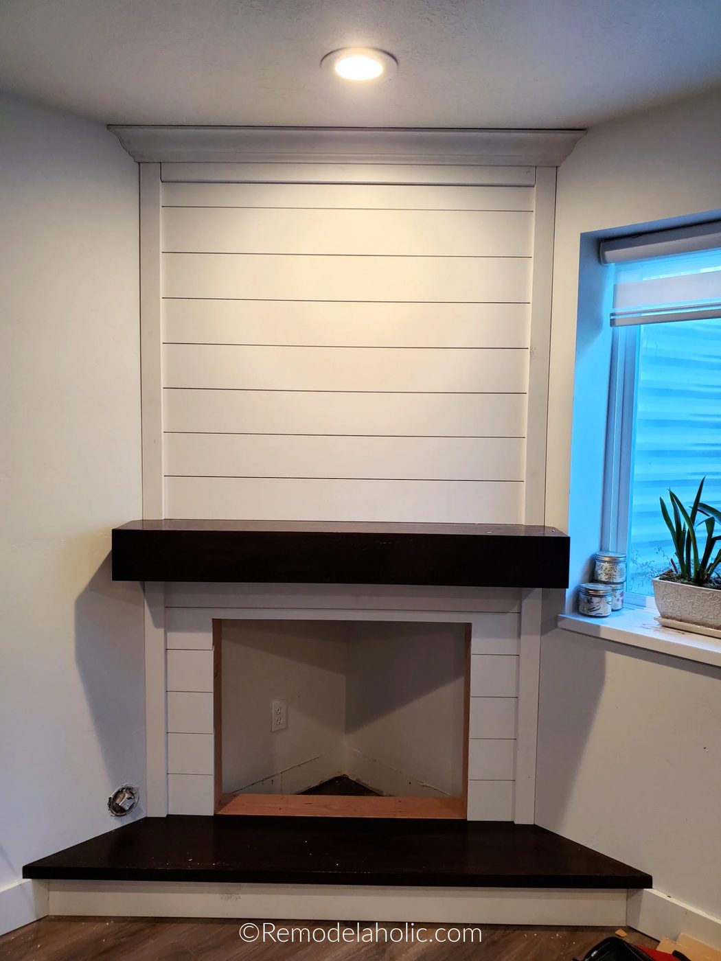 Handmade Corner Fireplace With Shiplap Installed And Trim, Before Adding Electric Fireplace Insert, Bekob