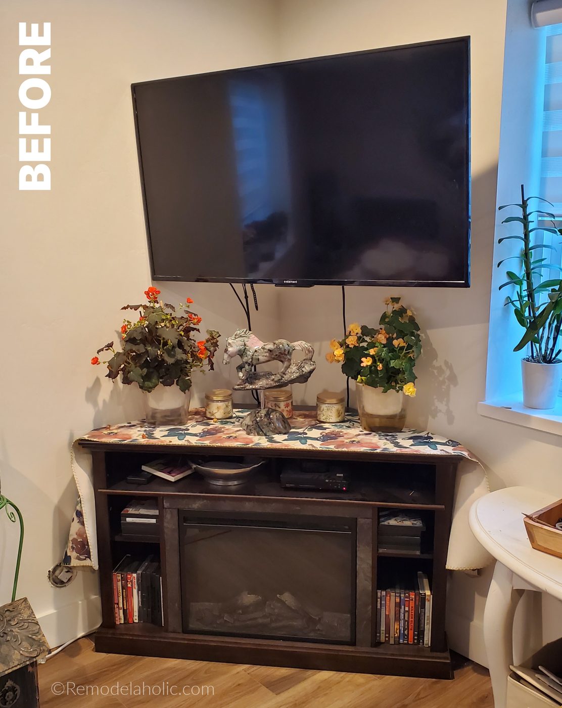 Before Corner Fireplace Unit And TV Replaced With Handmade Corner Fireplace And Mantel With TV Wall Bekob