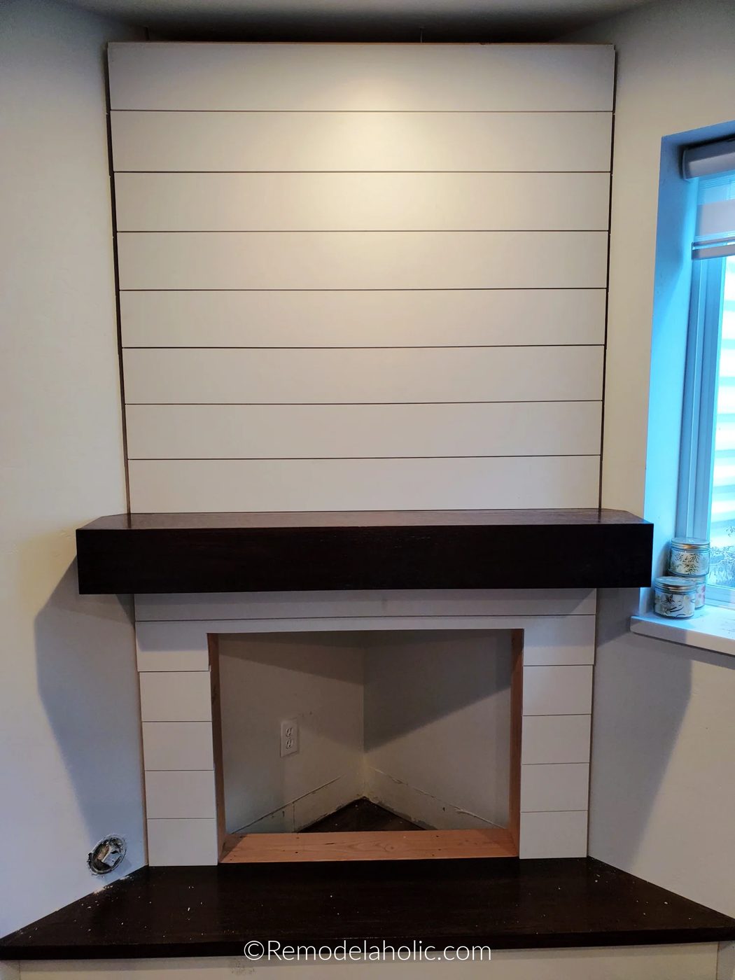 Handmade Corner Fireplace With Shiplap Installed, No Trim Yet, Bekob