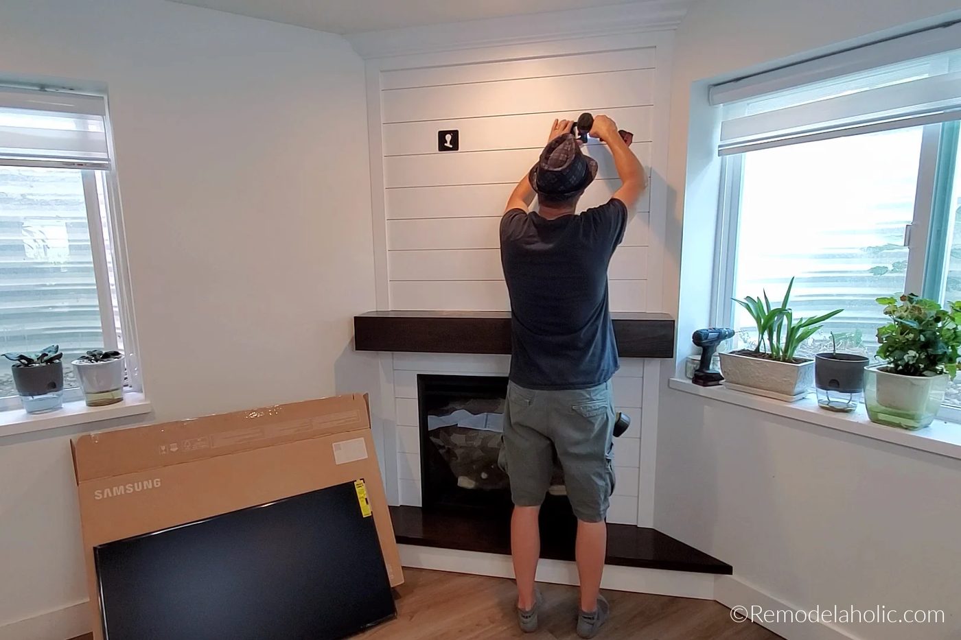 Install Frame Tv Wall Brackets On Handmade Shiplap TV Wall Corner Fireplace Handmade Surround And Mantel Bekob