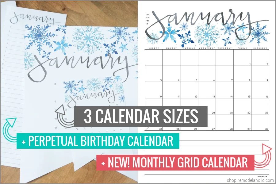 2021 Printable Calendar In Large Wall And Desk Sizes, Perpetual Birthday Calendar, Monthly Grid Calendar #Bekob